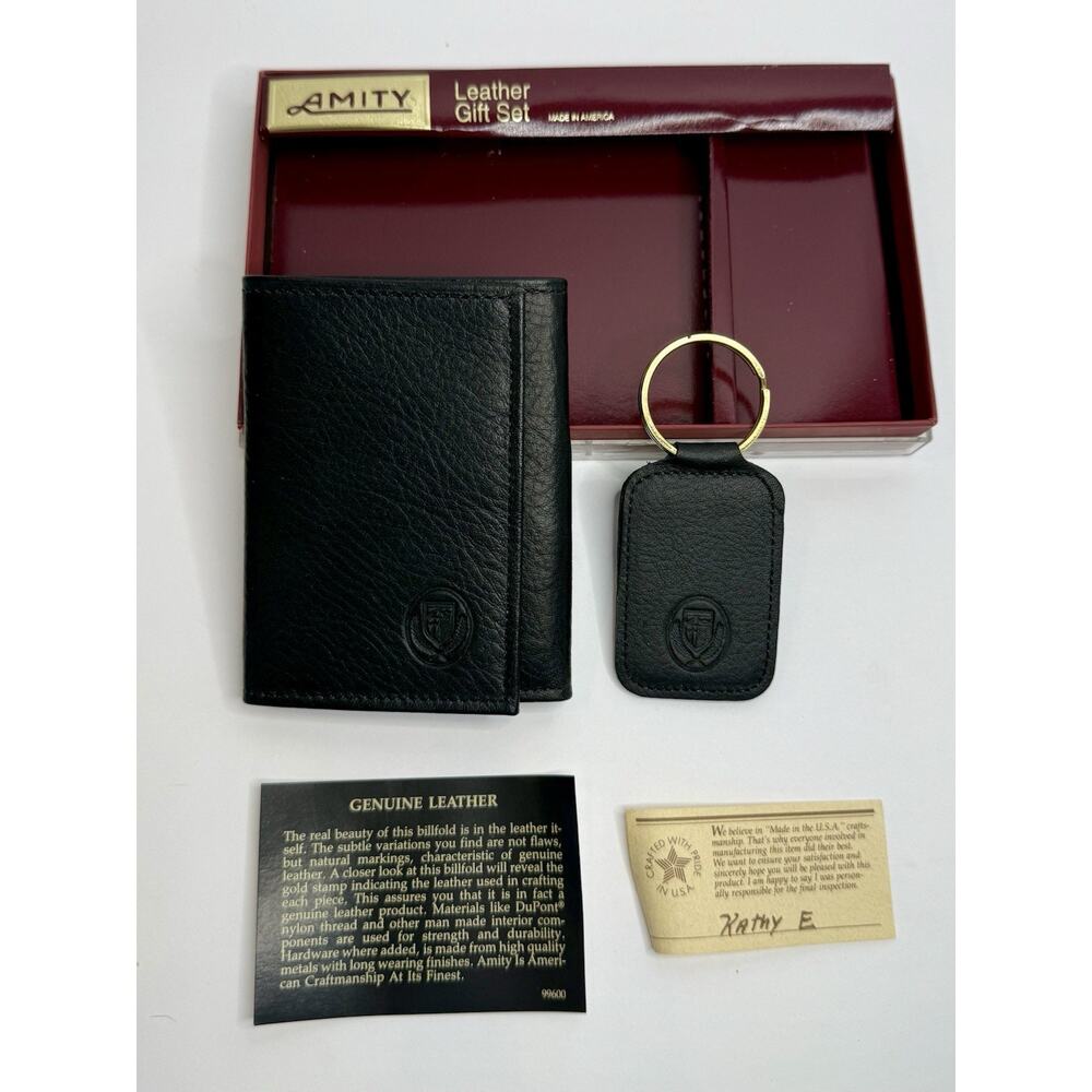 Amity Leather Wallet & Key Fob Gift Set Black Genuine Leather Made in USA New